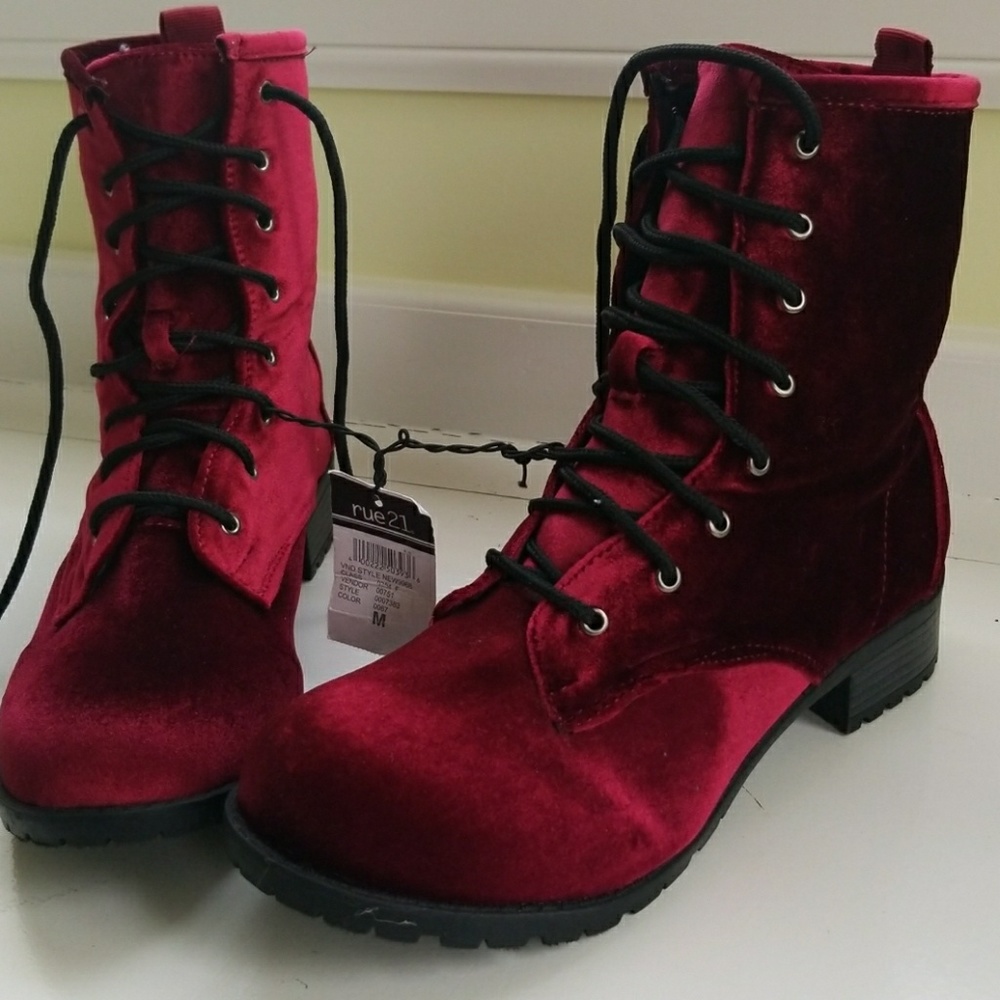 Red velvet combat boots